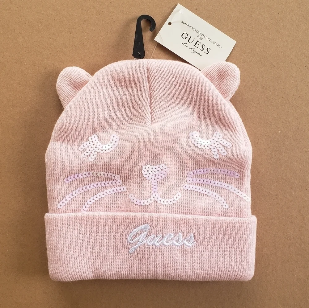 NEW GUESS Pink Cat Sequin Girls Beanie